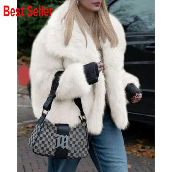 Faux Fur Coat Oversized Lapel Shaggy Winter Jacket Chic Fuzzy Outerwear - Picture 4 of 7